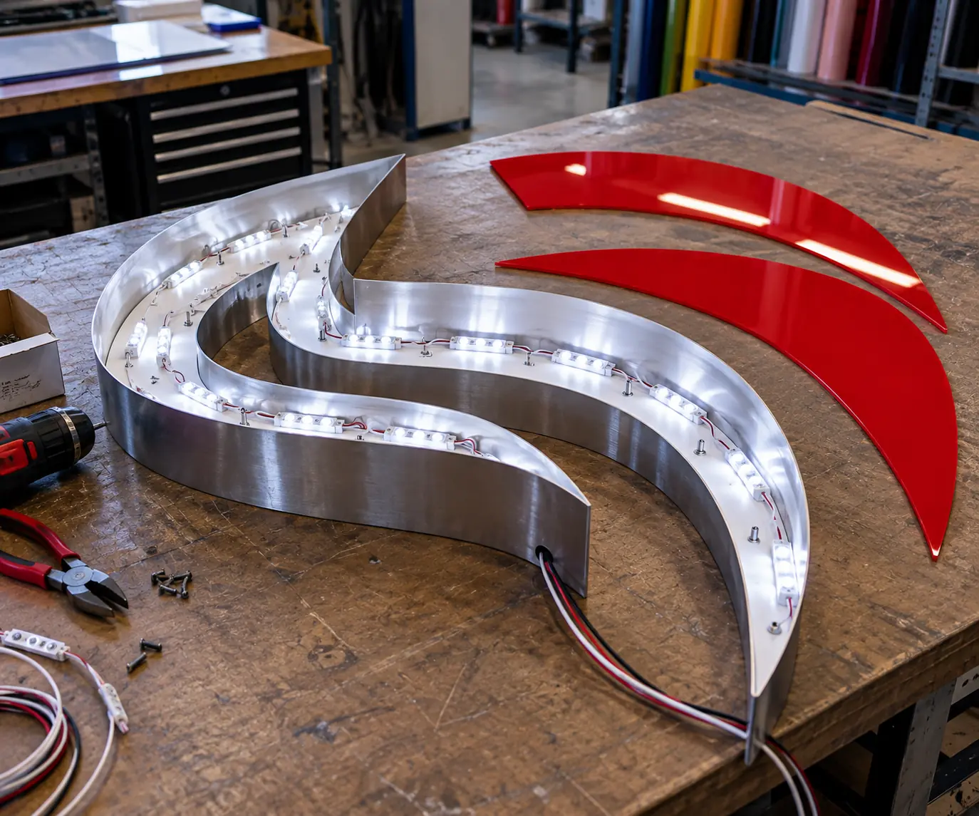 Channel letter under fabrication A curved aluminum channel letter return lying open on a workbench with white LED modules mounted inside and wiring tails trailing, its red acrylic face resting alongside, not yet fitted.