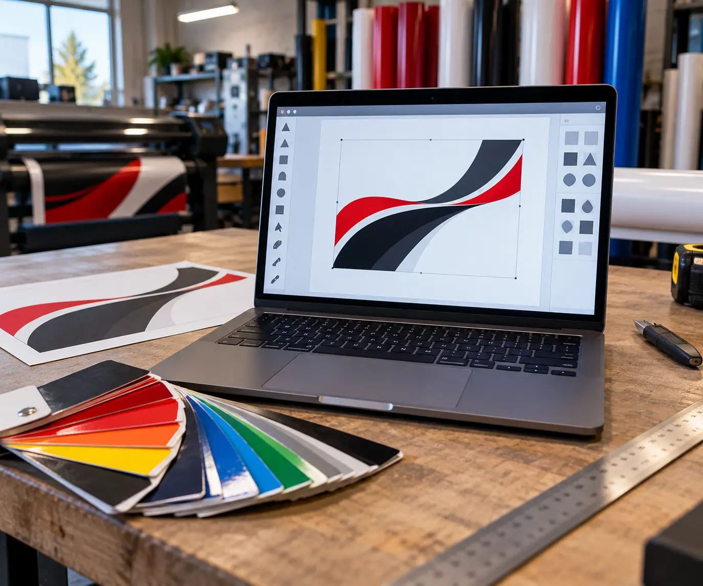 Design studio on the shop bench A laptop open on a workshop bench showing a design tool with an abstract red and black curve on a white canvas, a fan of vinyl color swatches and printed sheets beside it, a wide-format printer behind.