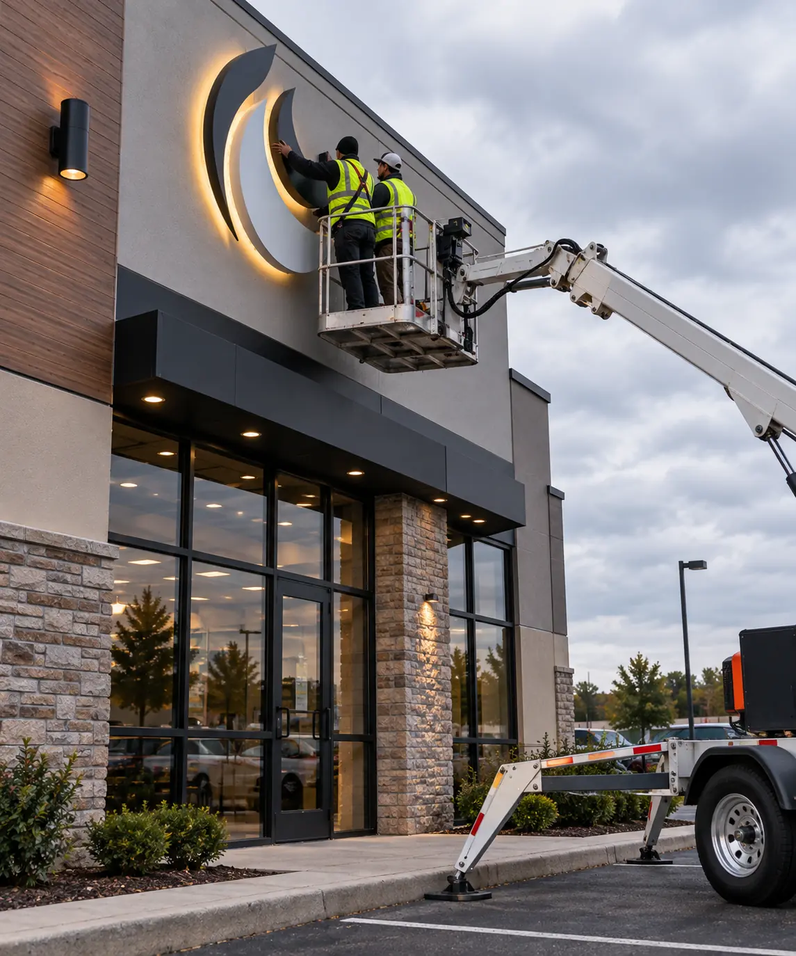 Sign installation from a boom lift An installer in hi-vis working from the basket of a boom lift, fitting a curved metallic sign element to the fascia of a suburban retail unit.